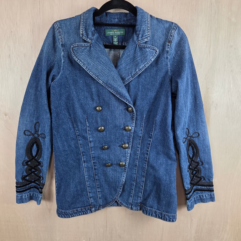 Lauren Ralph Lauren Denim Blazer Military Soutache Embroidery Double Breasted M